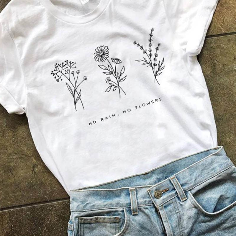 Harajuku No Rain No Flowers T Shirt Women Harajuku Garden Farm T-shirt White Soft Ringspun Tee In  Girls Ladies Clothing