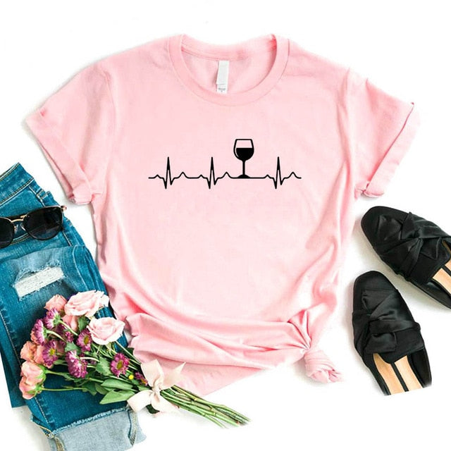 Wine Heartbeat Print T Shirt Women Short Sleeve O Neck Loose Tshirt 2020 Summer Women Tee Shirt Tops Camisetas Mujer