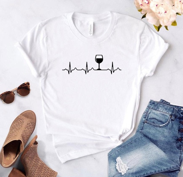 Wine Heartbeat Print T Shirt Women Short Sleeve O Neck Loose Tshirt 2020 Summer Women Tee Shirt Tops Camisetas Mujer