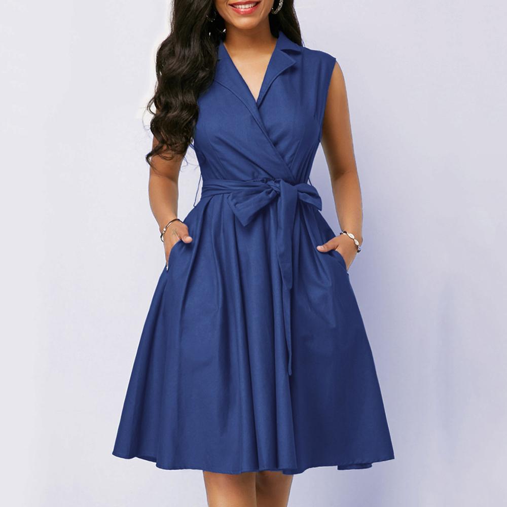 Casual Women Dress Sleeveless Notched Navy Blue Dress Sashes Summer A-line Beach Maxi Dresses Plus Size Party Dress Vestidos