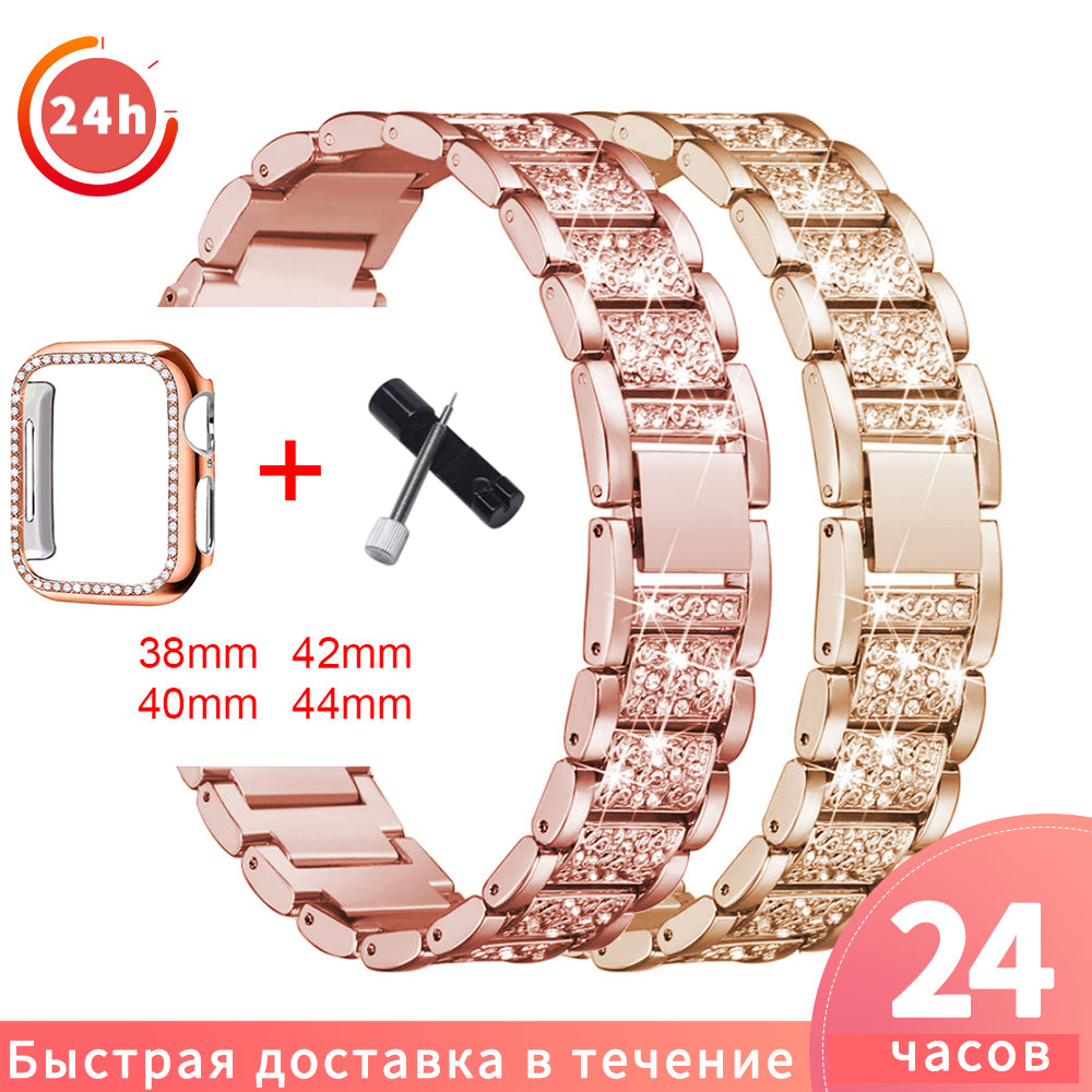 Band + Case Metal Strap For Apple Watch  Series 5 Strap 40mm 44mm Diamond Ring 38mm 42mm Stainless Steel Bracelet iwatch 4/3/2/1