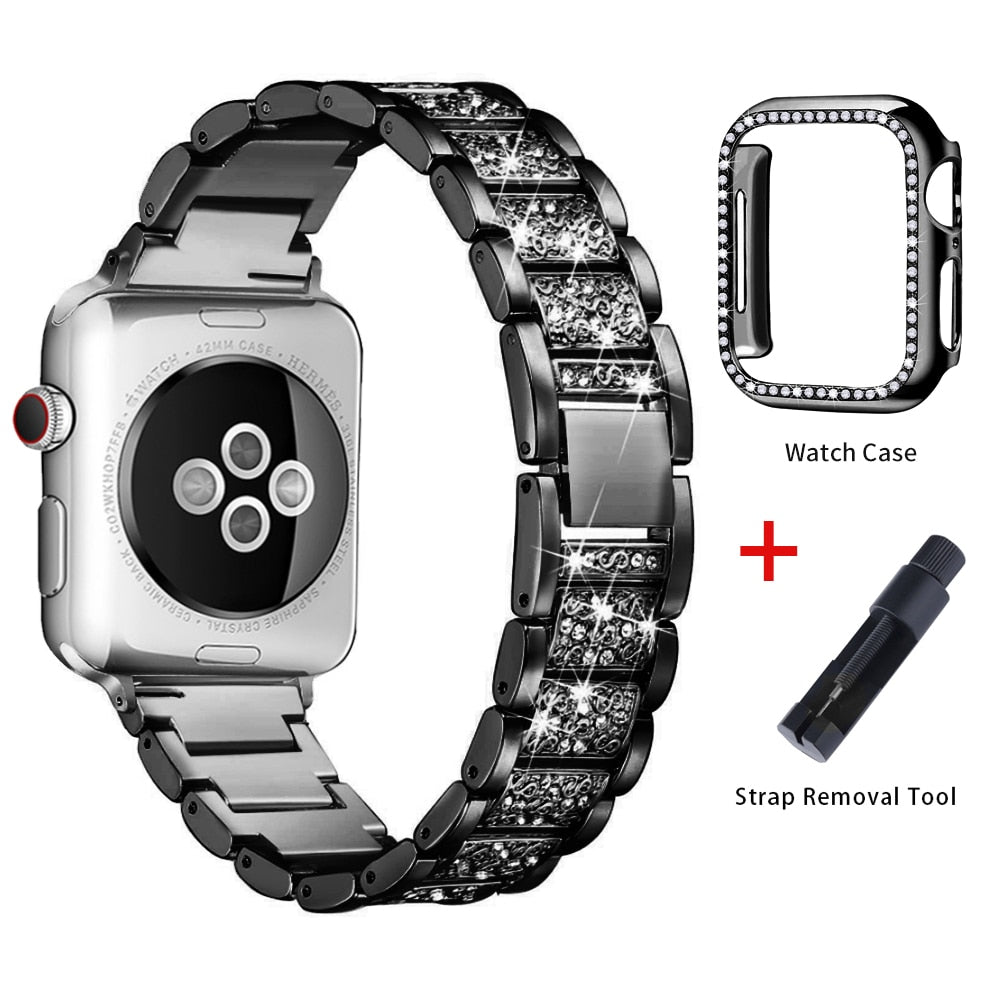 Band + Case Metal Strap For Apple Watch  Series 5 Strap 40mm 44mm Diamond Ring 38mm 42mm Stainless Steel Bracelet iwatch 4/3/2/1