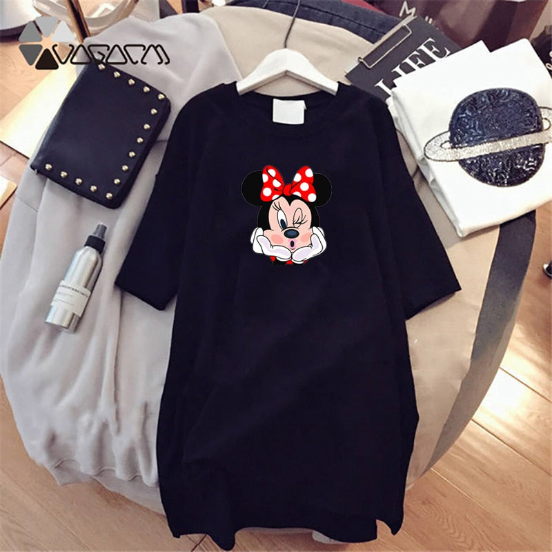 Dress 2020 Summer Women Dresses Minnie Cartoon Print Casual Loose Black White Mini Women Clothing Big Size Dress Femme