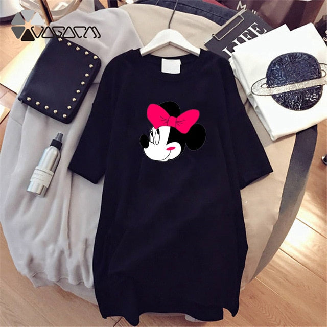 Dress 2020 Summer Women Dresses Minnie Cartoon Print Casual Loose Black White Mini Women Clothing Big Size Dress Femme