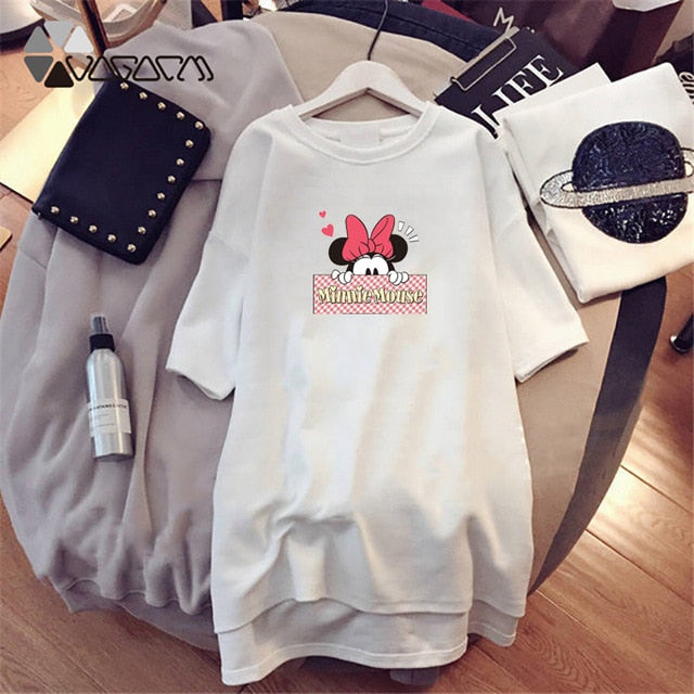 Dress 2020 Summer Women Dresses Minnie Cartoon Print Casual Loose Black White Mini Women Clothing Big Size Dress Femme