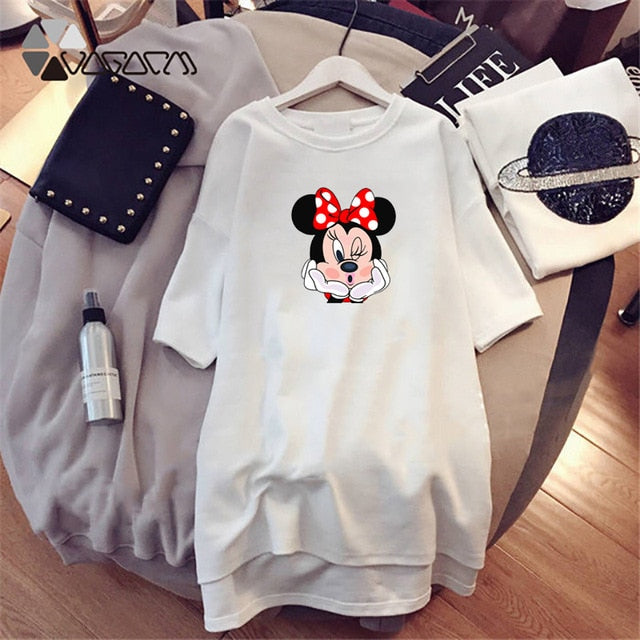 Dress 2020 Summer Women Dresses Minnie Cartoon Print Casual Loose Black White Mini Women Clothing Big Size Dress Femme