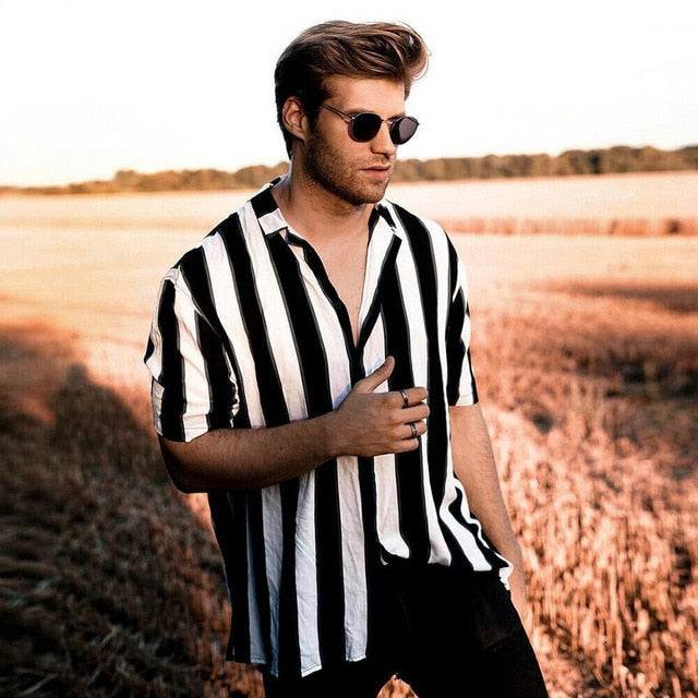 2019 Men Fashion Short Sleeve Regular Fit Button Down Shirt Casual Vertical Striped Shirt Stylish Formal Casual Shirt Top