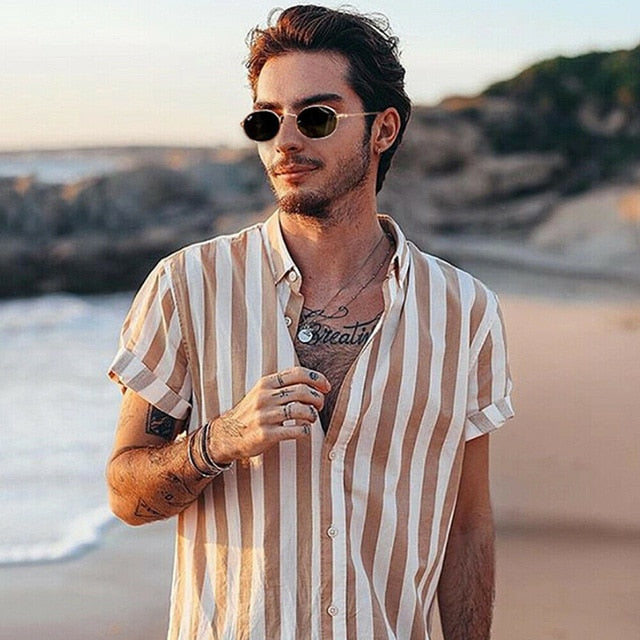 2019 Men Fashion Short Sleeve Regular Fit Button Down Shirt Casual Vertical Striped Shirt Stylish Formal Casual Shirt Top