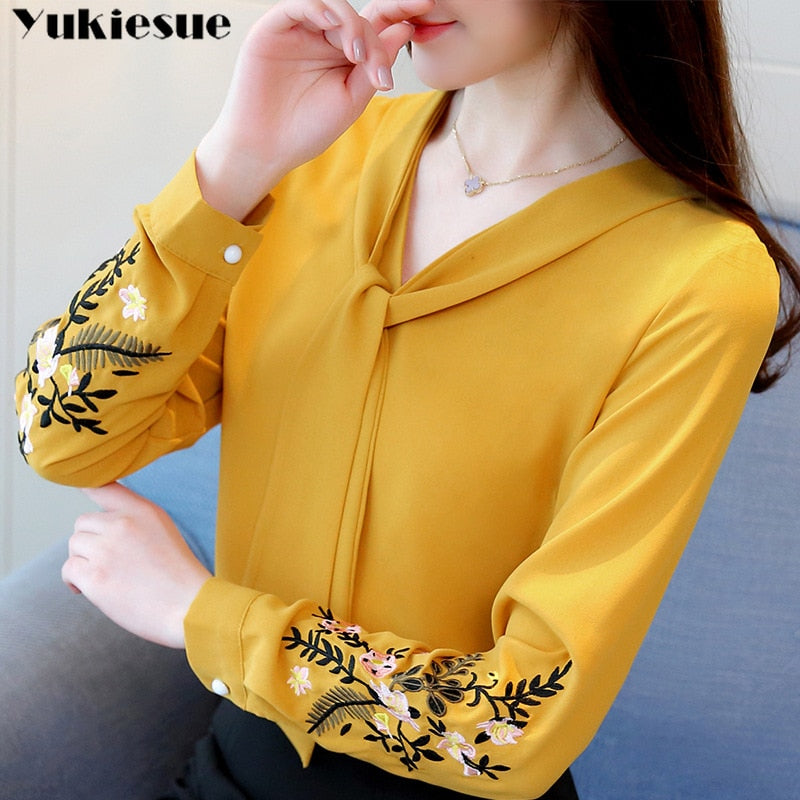 Long sleeve embroidery chiffon blouse womens tops and blouses shirt 2019 office lady shirt women tops blusas feminine blouse