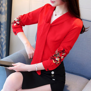 Long sleeve embroidery chiffon blouse womens tops and blouses shirt 2019 office lady shirt women tops blusas feminine blouse