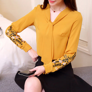 Long sleeve embroidery chiffon blouse womens tops and blouses shirt 2019 office lady shirt women tops blusas feminine blouse