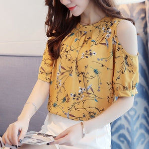 2020 Chiffon Print Blusas Floral Shirt For Womens Elegant Open Shoulder Blouses Women Ete Plus Size Female Tops