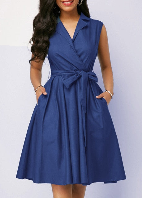 Casual Women Dress Sleeveless Notched Navy Blue Dress Sashes Summer A-line Beach Maxi Dresses Plus Size Party Dress Vestidos