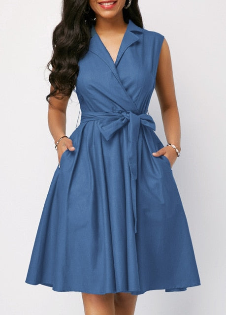 Casual Women Dress Sleeveless Notched Navy Blue Dress Sashes Summer A-line Beach Maxi Dresses Plus Size Party Dress Vestidos