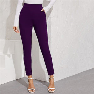 SHEIN Solid Elastic Waist Pocket Side Split Hem Elegant Pants Women Bottoms Autumn High Waist Office Ladies Skinny Trousers