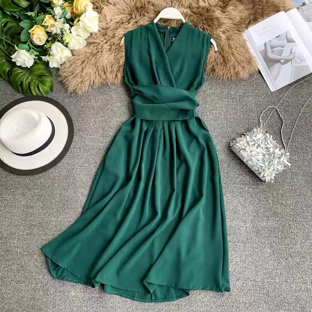 Neploe Sexy Dress Women Summer 2020 New Arival V-Neck Sleeveless Dresses French Chic  Cross Drawstring Slim Waist Vestidos 43690