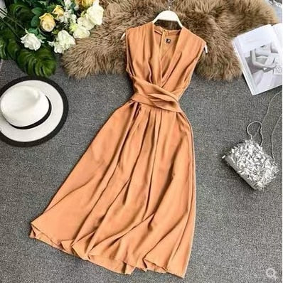 Neploe Sexy Dress Women Summer 2020 New Arival V-Neck Sleeveless Dresses French Chic  Cross Drawstring Slim Waist Vestidos 43690