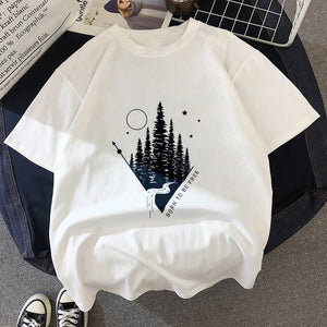 New T-shirt Dark forest Print letter universe faith Harajuku T shirt Women Tshirt O-neck Short Sleeve White Tops Female Clothing